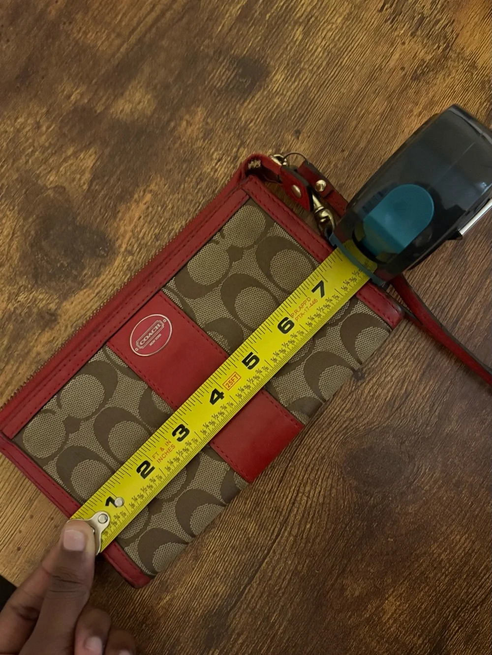 Coach Brown Signature Canvas Wristlet with Red Leather Trim